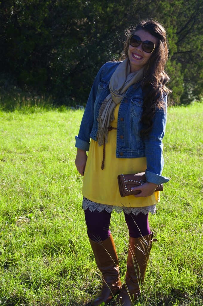 Yellow dress and purple tights