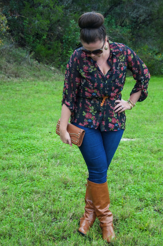 Floral top with cognac boots