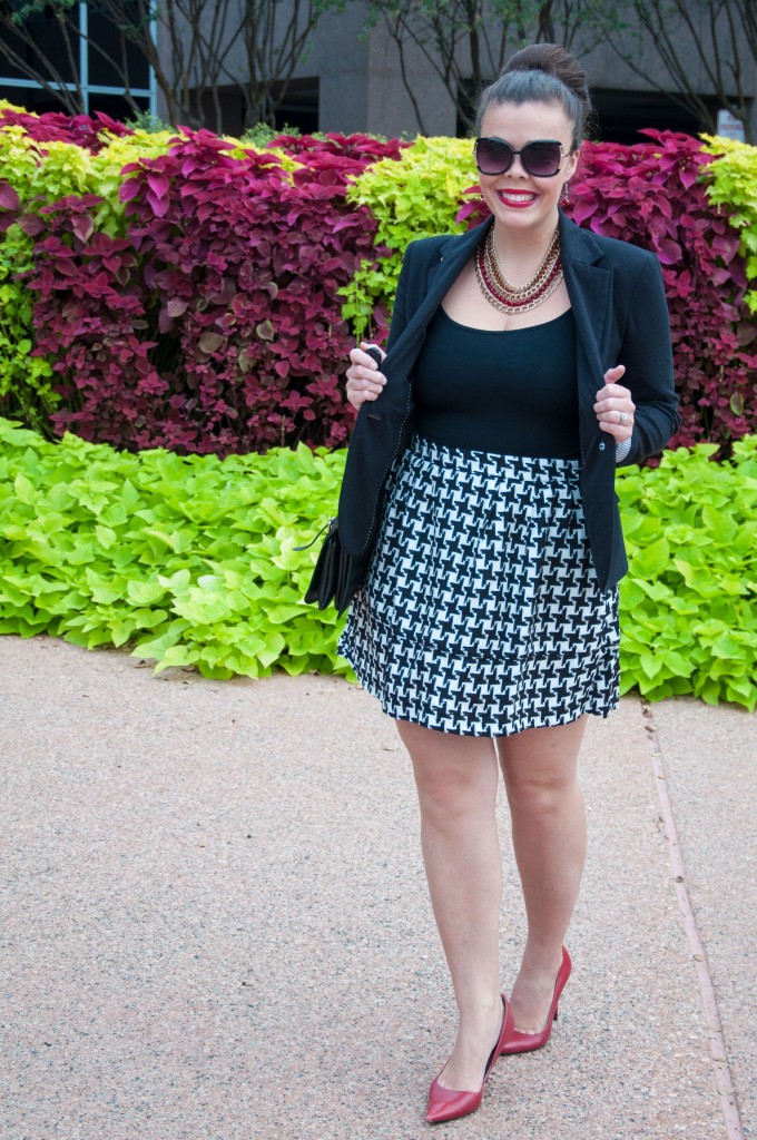 Houndstooth skirt with red heels