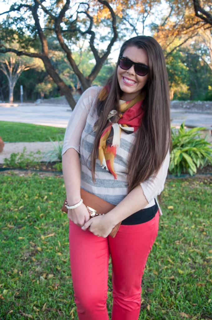 Red Pants and Coral and mustard scarf