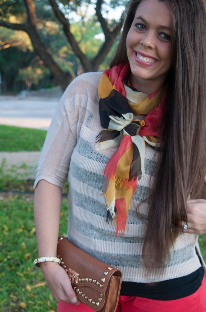 Coral and mustard scarf