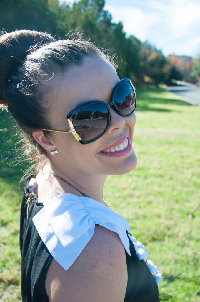 All That Glitters: White bow top with sock bun