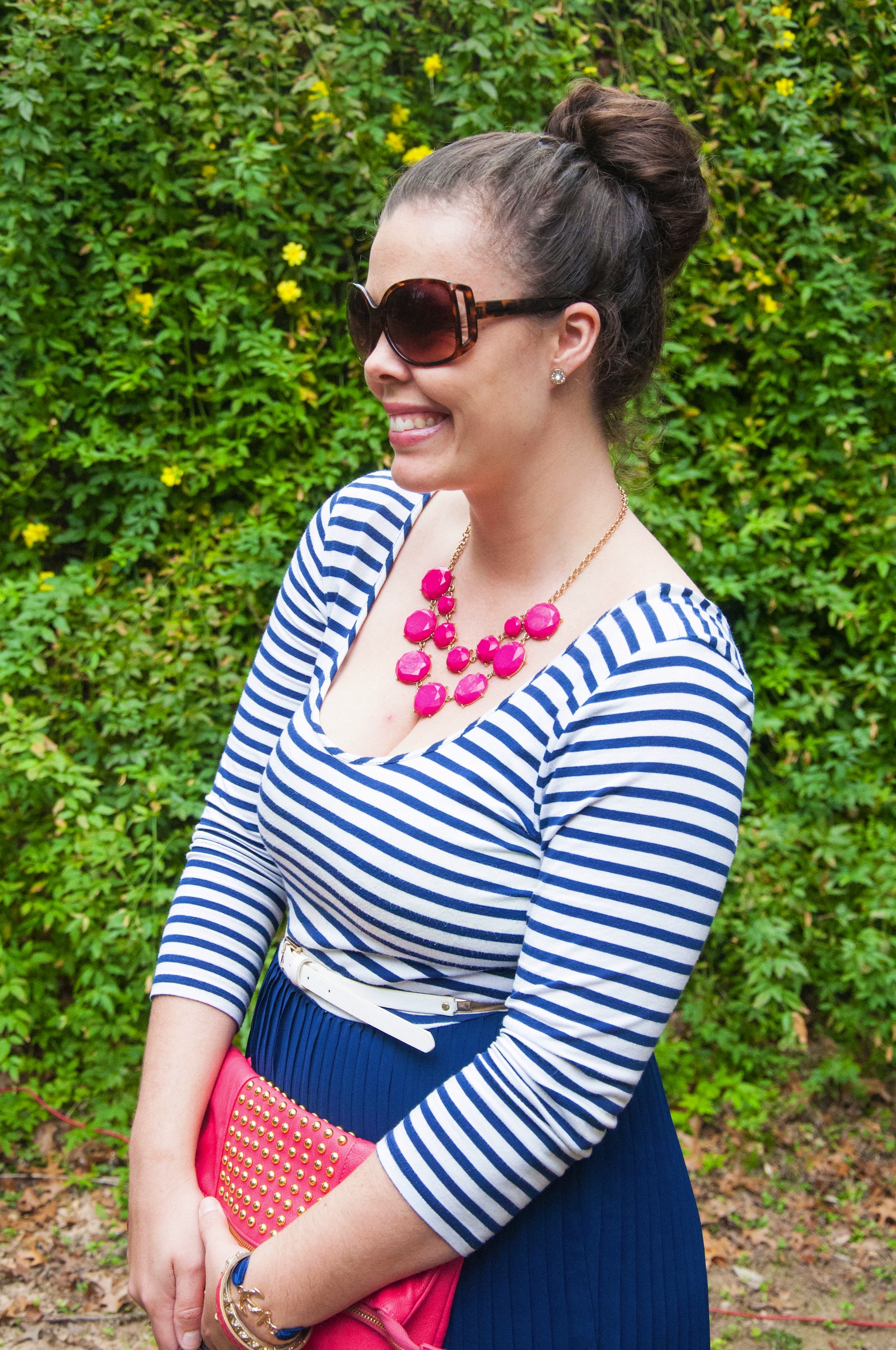 Navy blue stripes and a pink necklace