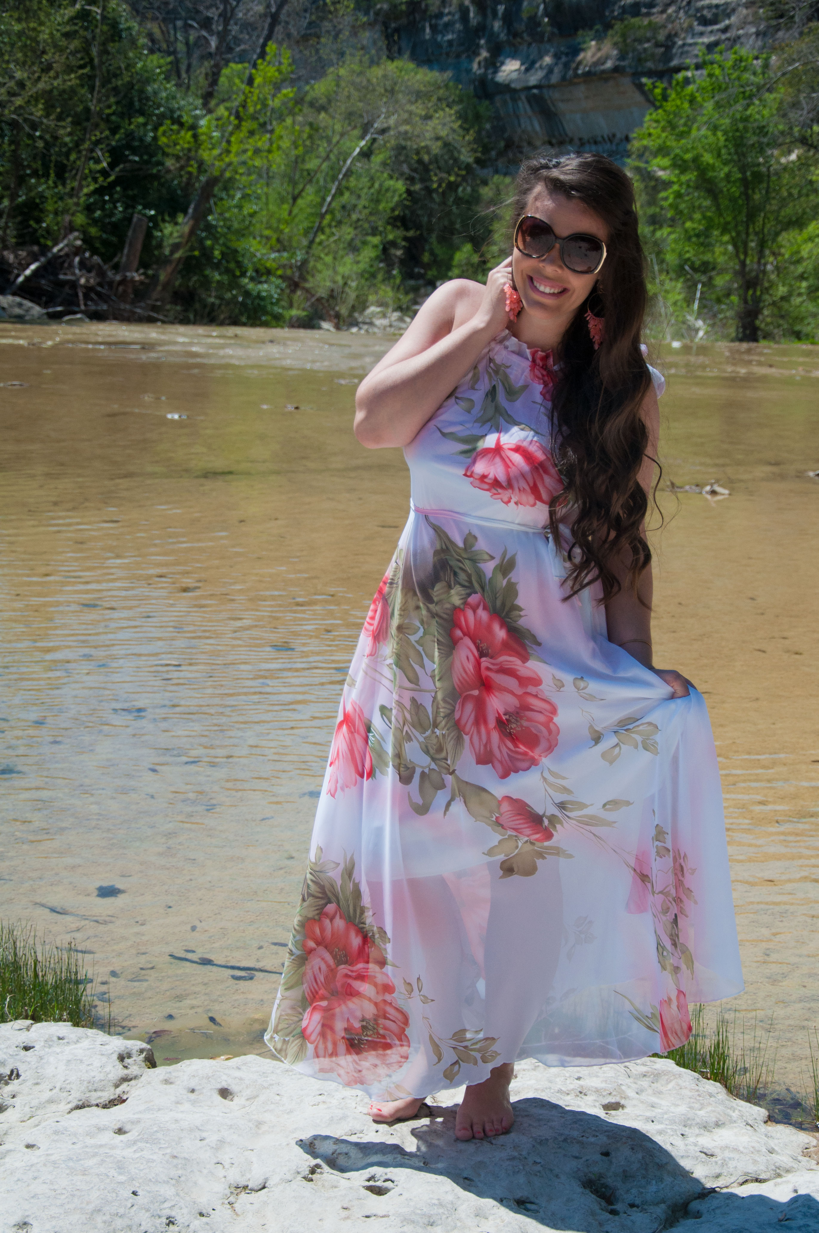 Floral chiffon maxi dress with big earrings