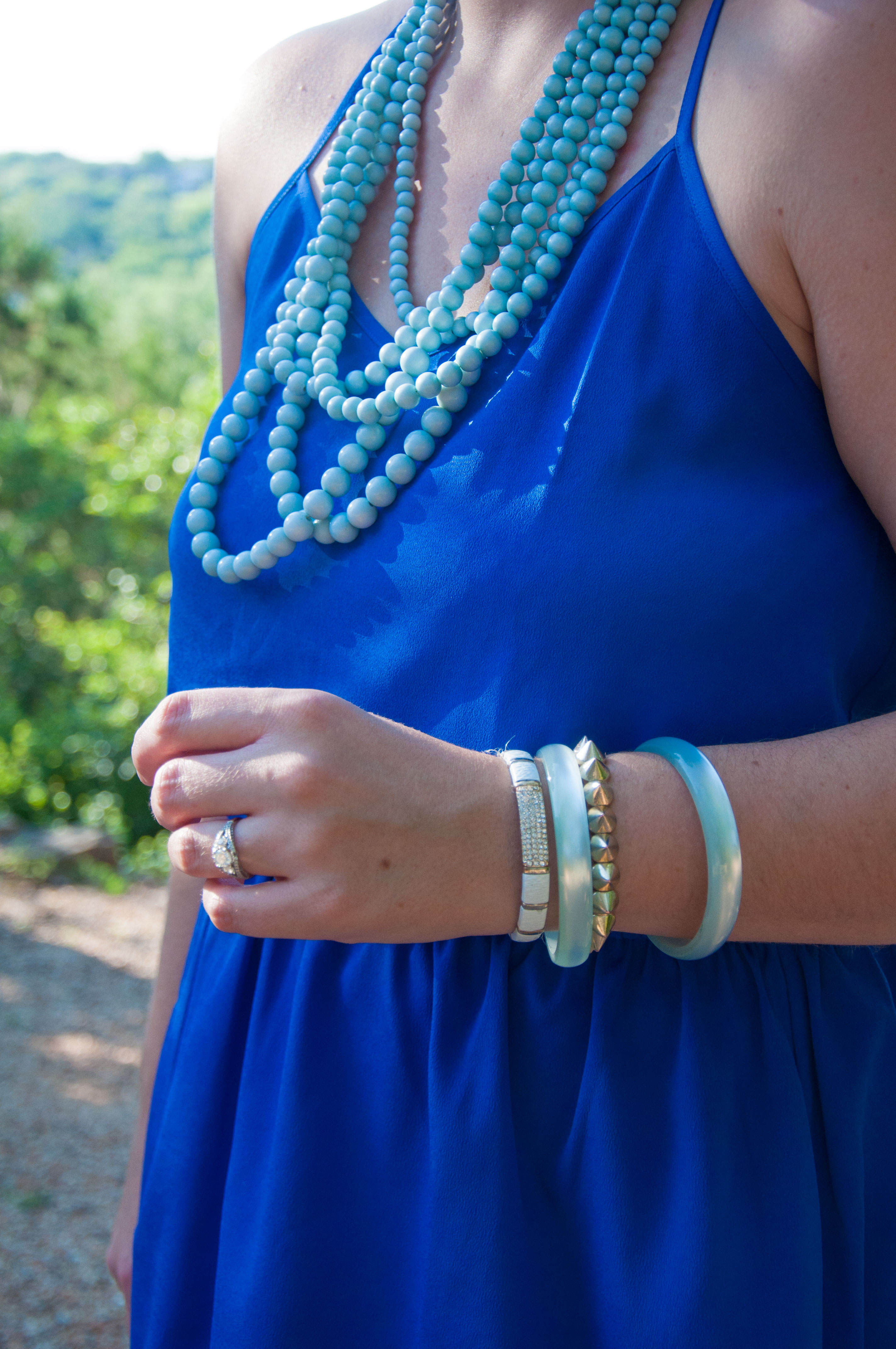 Cobalt dress with turquoise beaded necklace