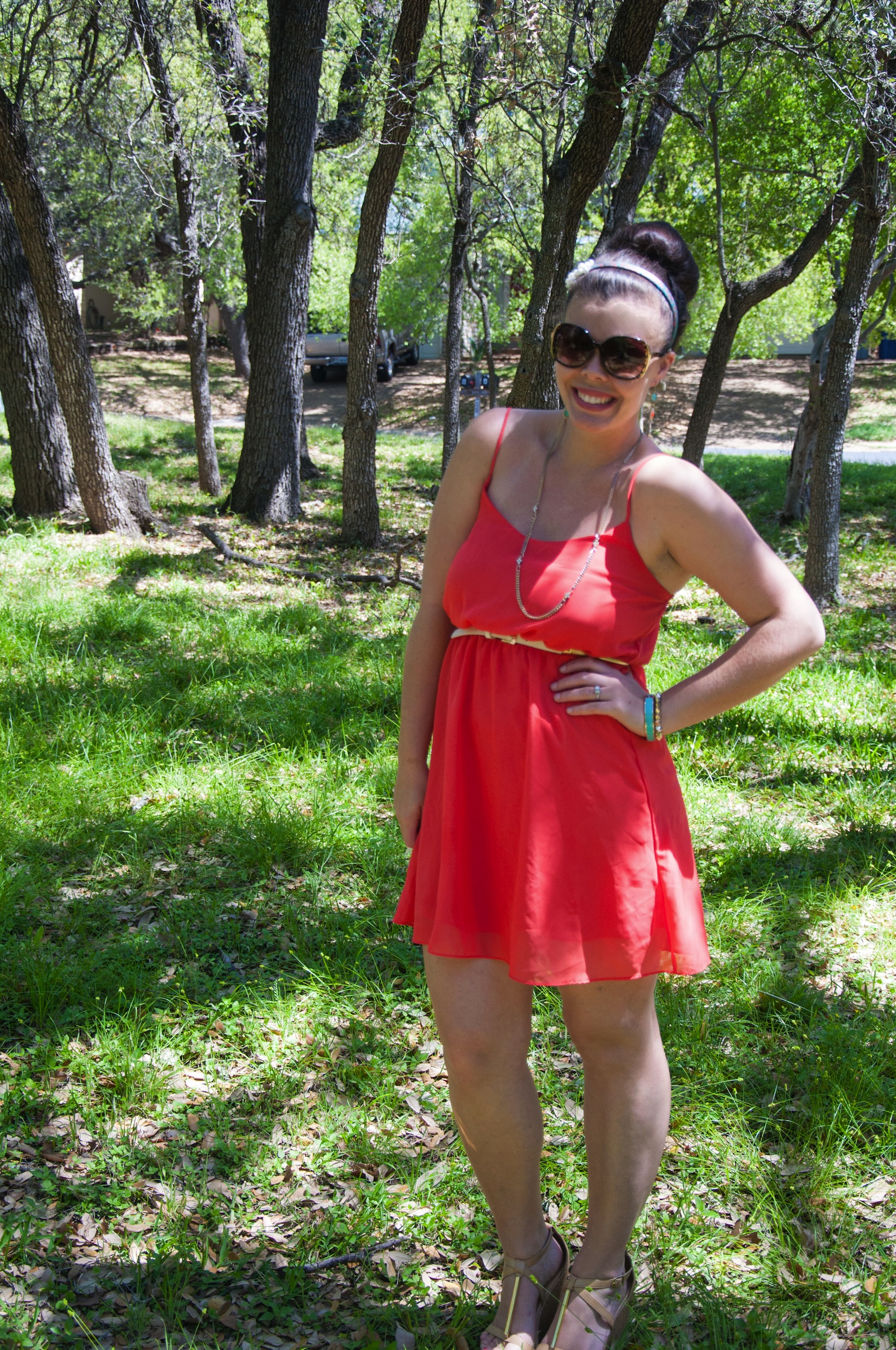 Coral sundress with nude wedges