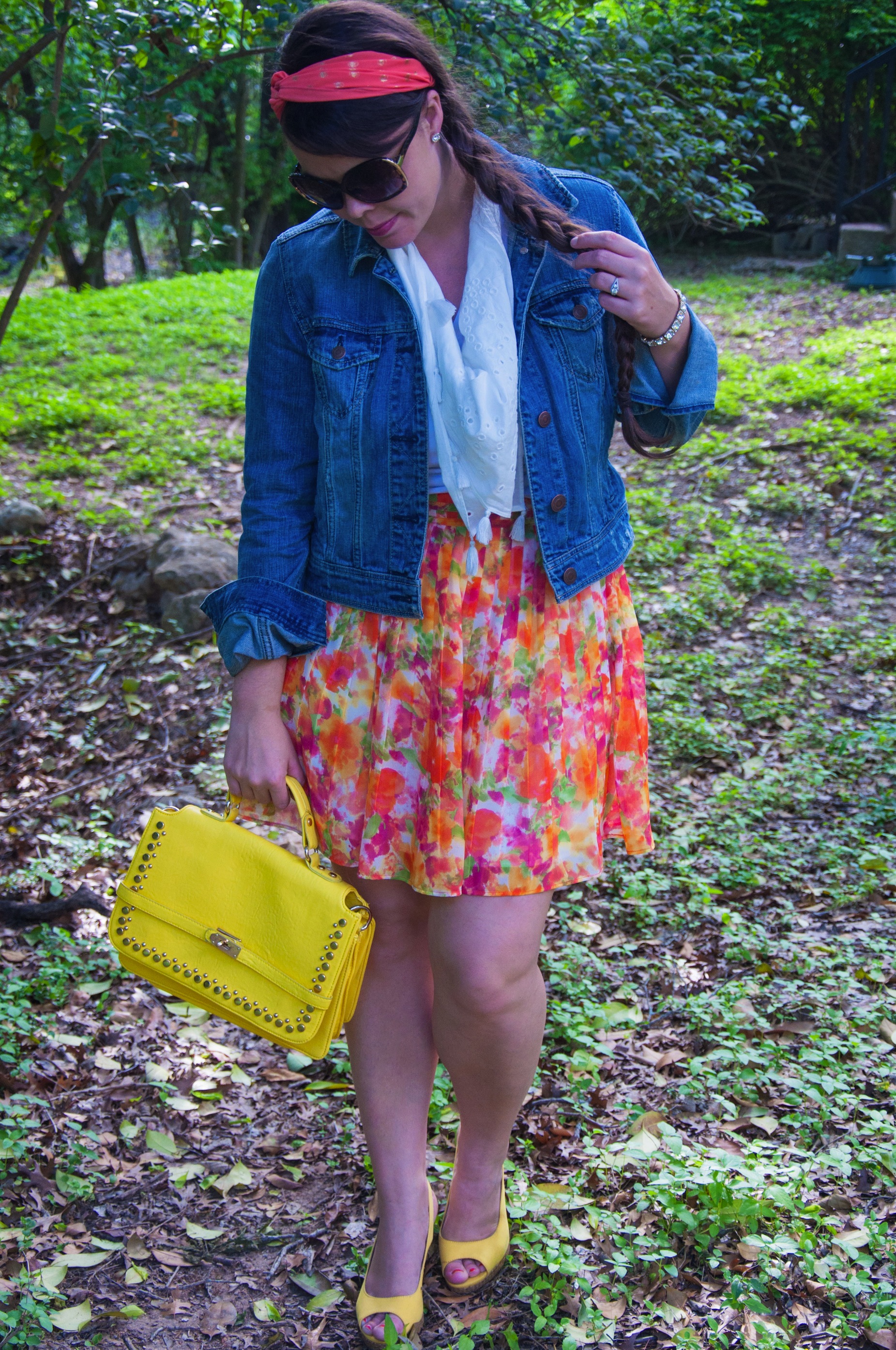 Floral skirt with denim jacket 