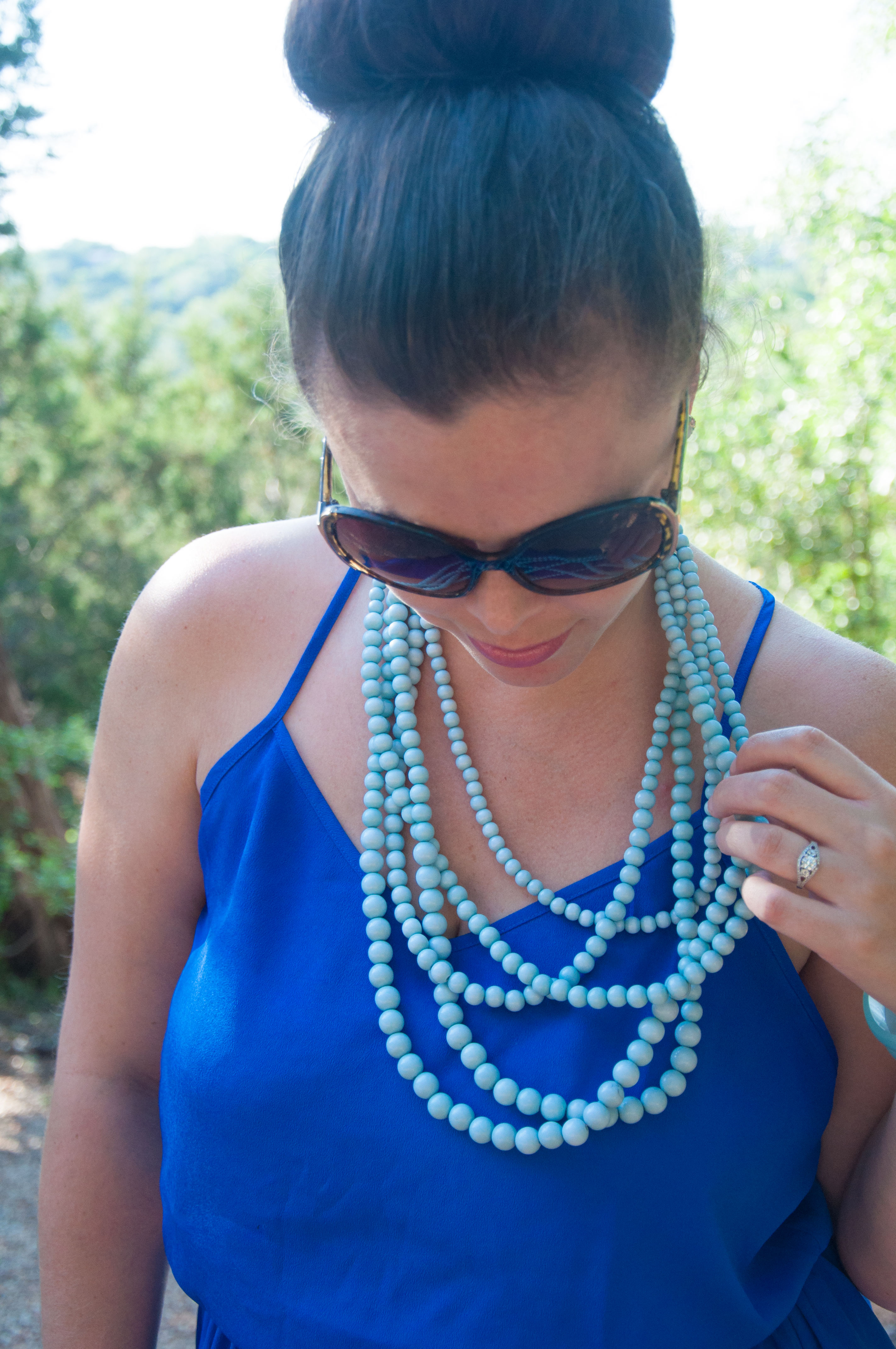 Cobalt dress with turquoise beaded necklace