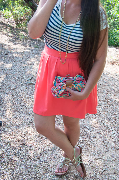 Navy striped top with coral skirt