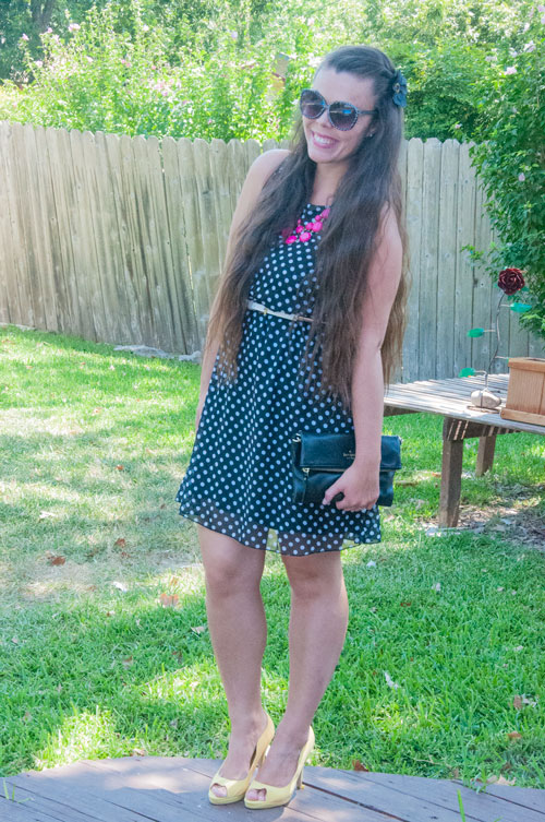Black and white polka dot dress with yellow shoes