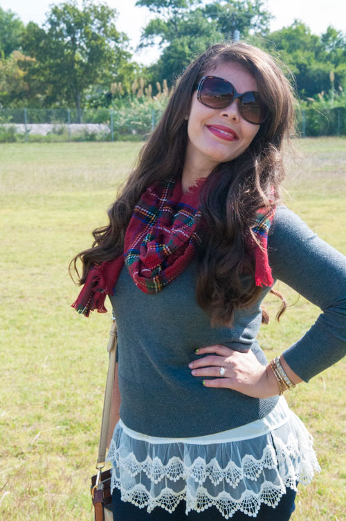 Lace tunic with grey sweater- add a plaid scarf for fall