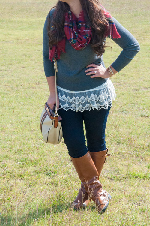 Plaid outfit inspiration with grey sweater and lace tunic