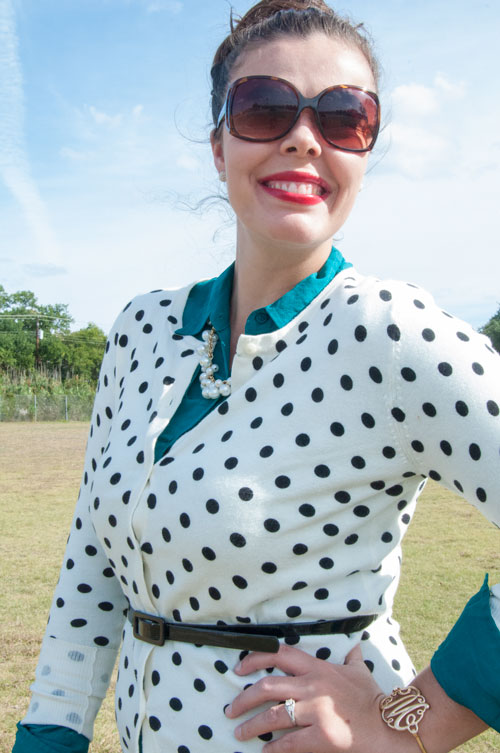 Polka dot sweater with a teal shirt