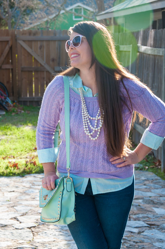 Lavendar sweater layered with a mint button down