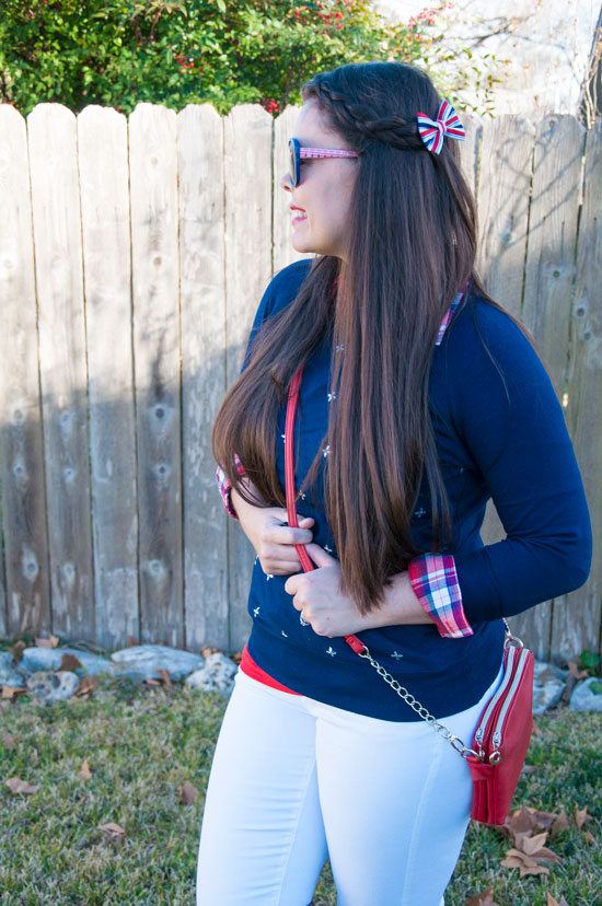 White pants with navy sweater
