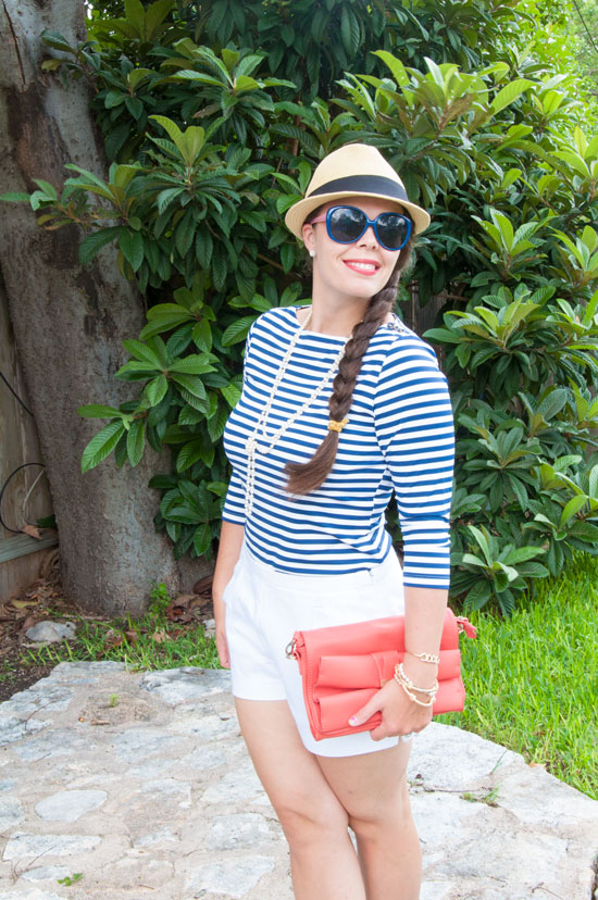 Navy striped top with white shorts