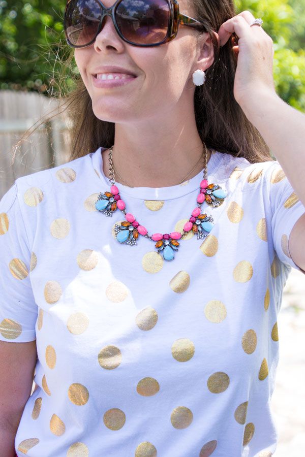 Gold polka dot tshirt with pink and turquoise statement necklace